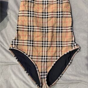 Burberry Tan Plaid Swimwear with Black and Red Accents